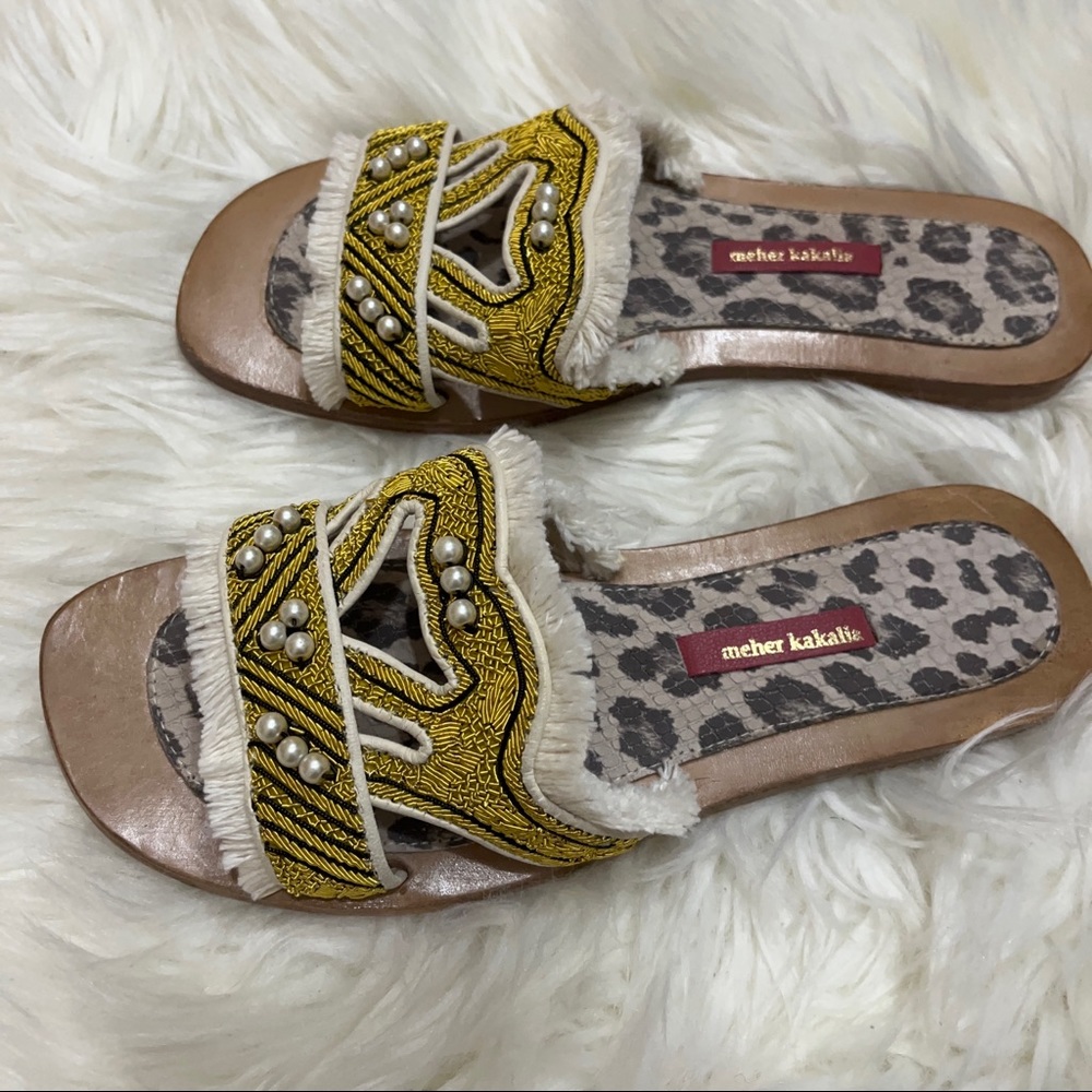 Meher Kakalia Fringe embroidered sandals in yellow